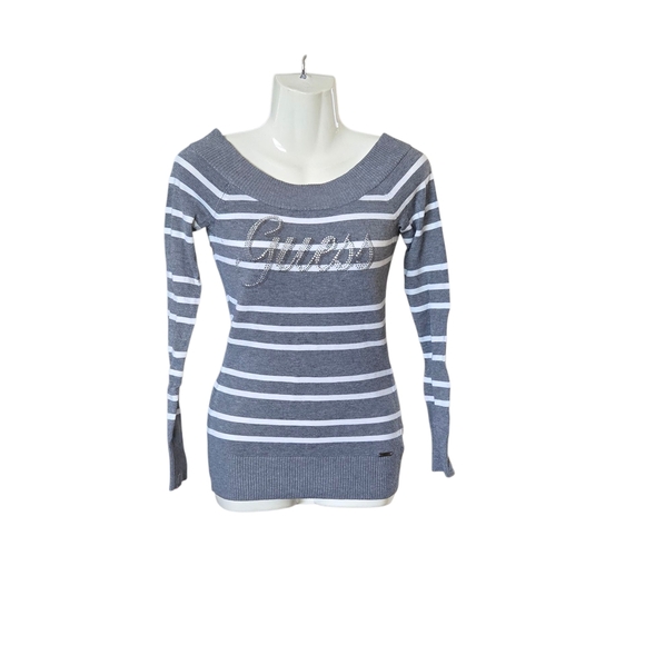 Guess Charcoal and White Striped Knit Top - Picture 1 of 9